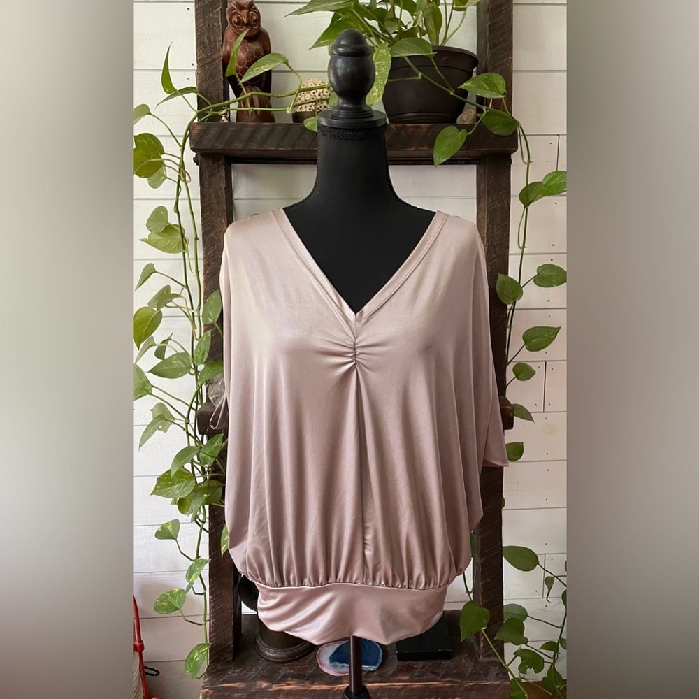 Charolette Russe: Silky Gray Brown V Neck Dolman Sleeve Blouse with a Pink Tint